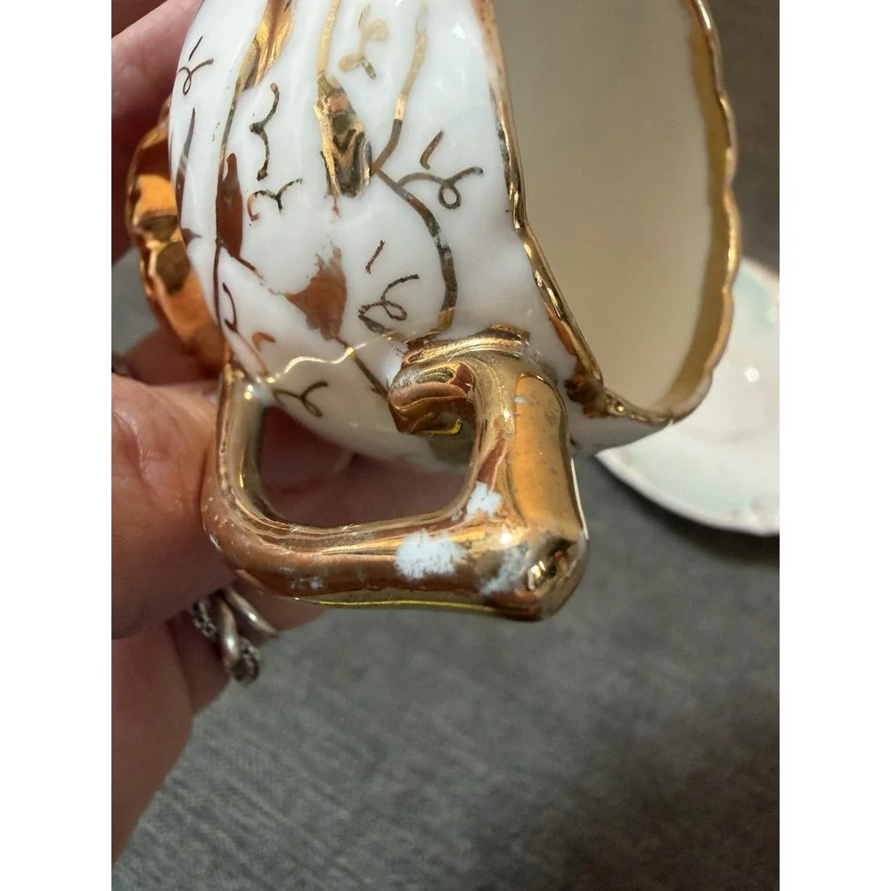 Demitasse Cup & Saucer High Handle Gold On Fine White Porcelain Vintage FLAW